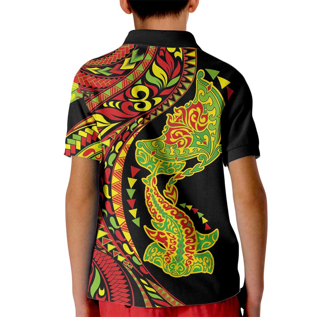 Hawaiian Manta Ray and Hammerhead Shark Tribal Tattoo Kid Polo Shirt with Polynesian Tribal Pattern Kanaka Maoli Flag Color