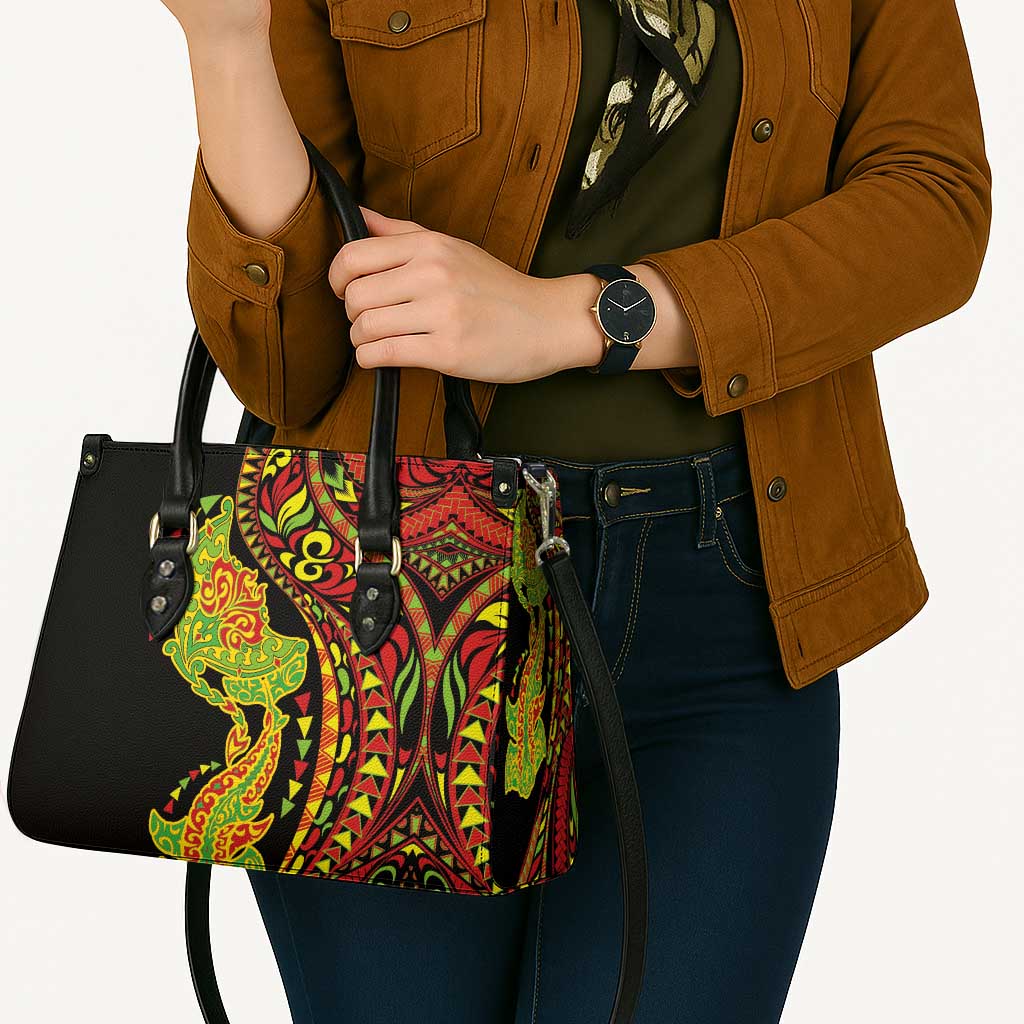 Hawaiian Manta Ray and Hammerhead Shark Tribal Tattoo Leather Bag with Polynesian Tribal Pattern Kanaka Maoli Flag Color