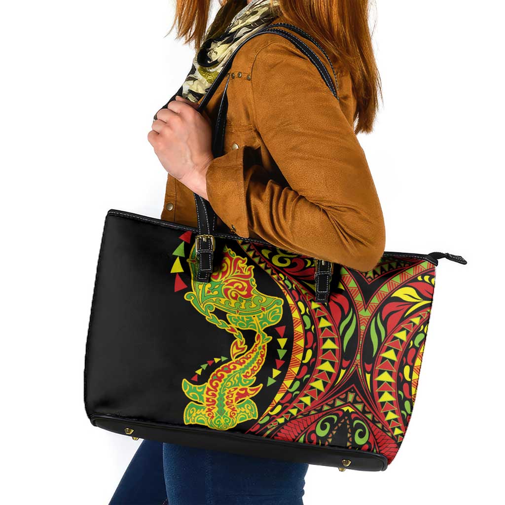 Hawaiian Manta Ray and Hammerhead Shark Tribal Tattoo Leather Tote Bag with Polynesian Tribal Pattern Kanaka Maoli Flag Color