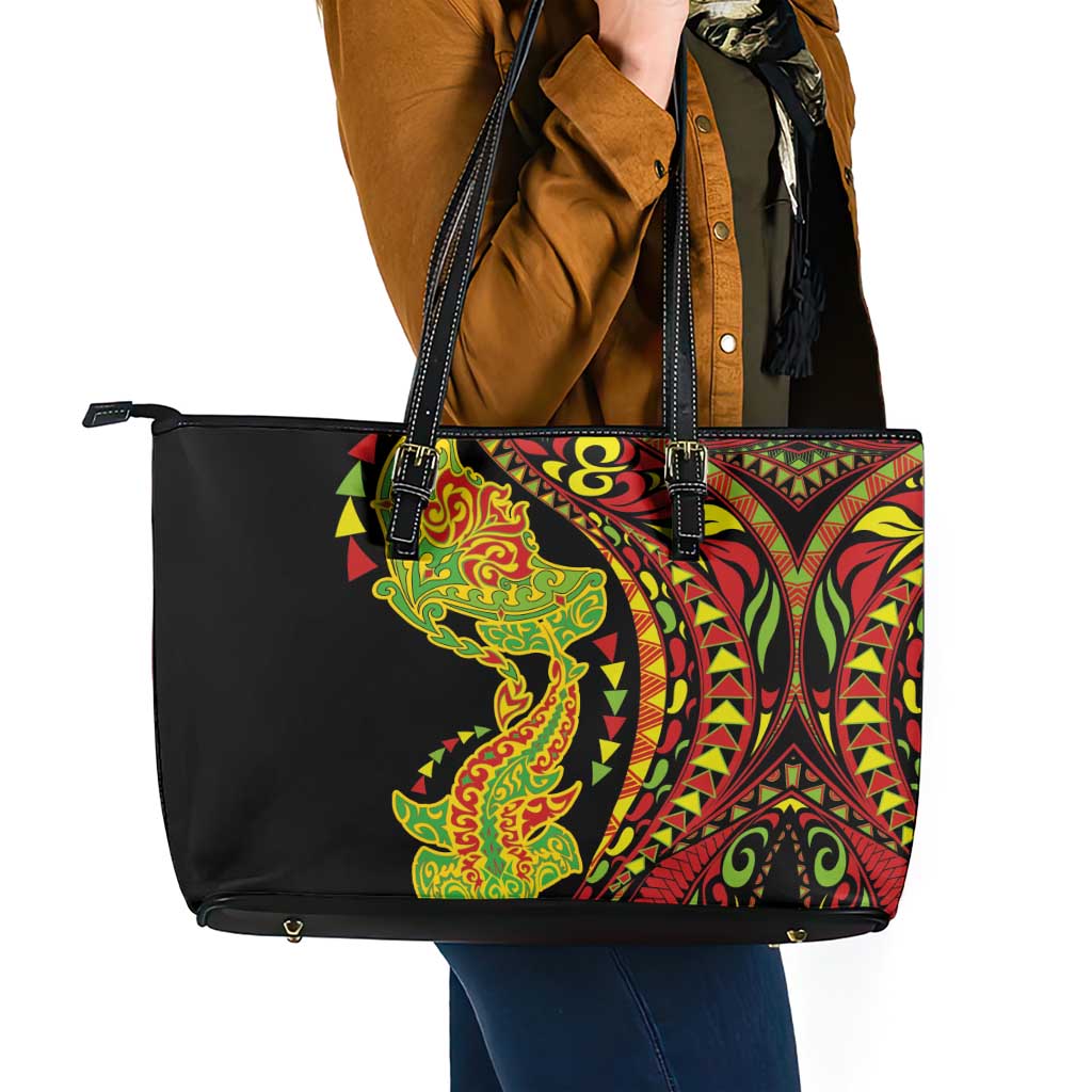 Hawaiian Manta Ray and Hammerhead Shark Tribal Tattoo Leather Tote Bag with Polynesian Tribal Pattern Kanaka Maoli Flag Color