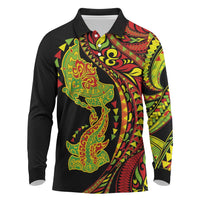 Hawaiian Manta Ray and Hammerhead Shark Tribal Tattoo Long Sleeve Polo Shirt with Polynesian Tribal Pattern Kanaka Maoli Flag Color