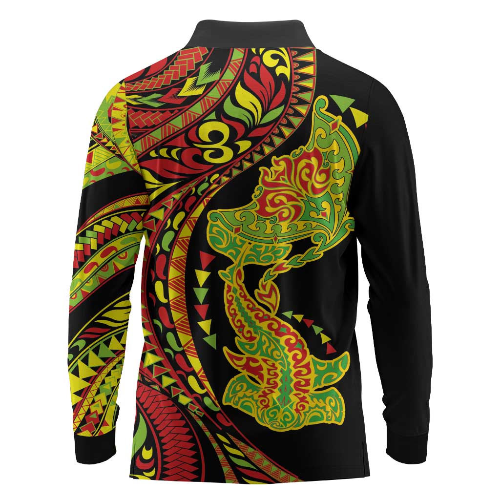 Hawaiian Manta Ray and Hammerhead Shark Tribal Tattoo Long Sleeve Polo Shirt with Polynesian Tribal Pattern Kanaka Maoli Flag Color