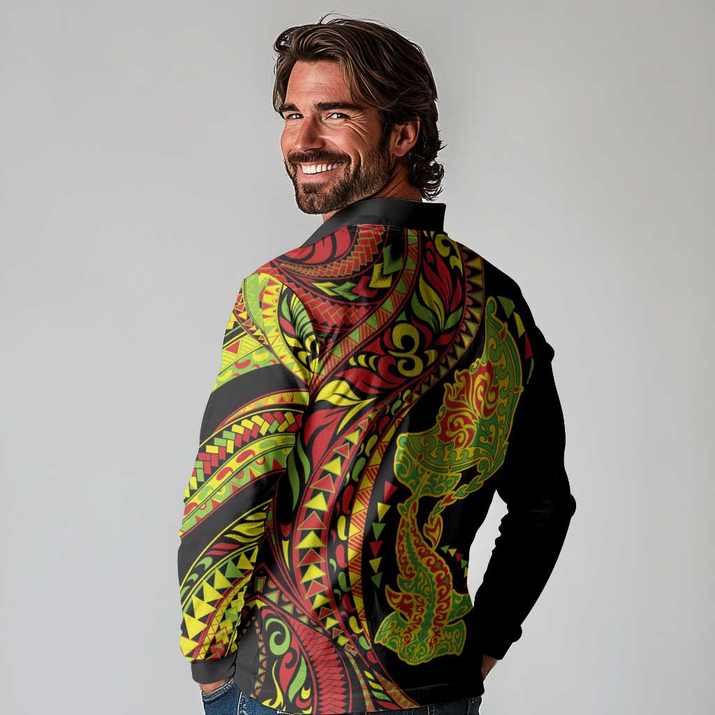 Hawaiian Manta Ray and Hammerhead Shark Tribal Tattoo Long Sleeve Polo Shirt with Polynesian Tribal Pattern Kanaka Maoli Flag Color