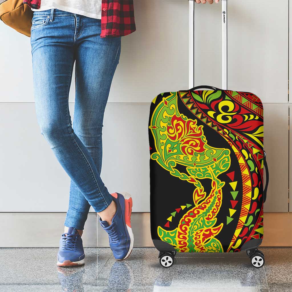 Hawaiian Manta Ray and Hammerhead Shark Tribal Tattoo Luggage Cover with Polynesian Tribal Pattern Kanaka Maoli Flag Color