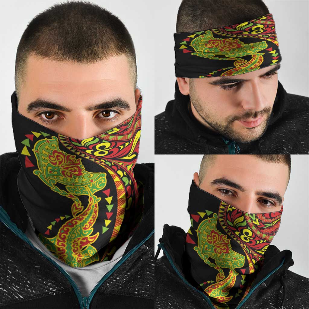 Hawaiian Manta Ray and Hammerhead Shark Tribal Tattoo Neck Gaiter with Polynesian Tribal Pattern Kanaka Maoli Flag Color