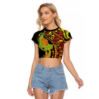 Hawaiian Manta Ray and Hammerhead Shark Tribal Tattoo Raglan Cropped T Shirt with Polynesian Tribal Pattern Kanaka Maoli Flag Color