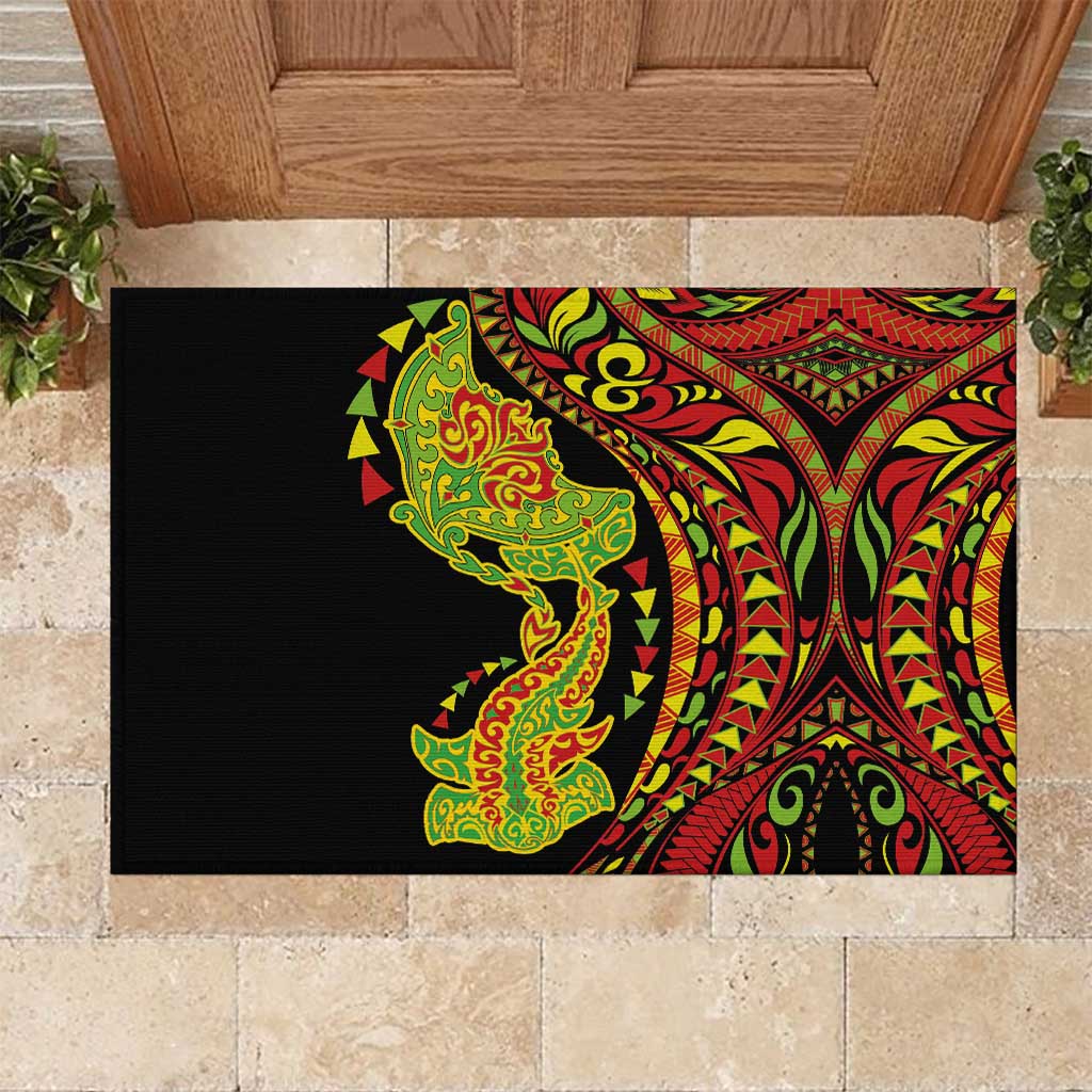Hawaiian Manta Ray and Hammerhead Shark Tribal Tattoo Rubber Doormat with Polynesian Tribal Pattern Kanaka Maoli Flag Color