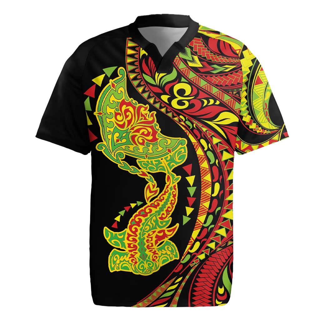 Hawaiian Manta Ray and Hammerhead Shark Tribal Tattoo Rugby Jersey with Polynesian Tribal Pattern Kanaka Maoli Flag Color