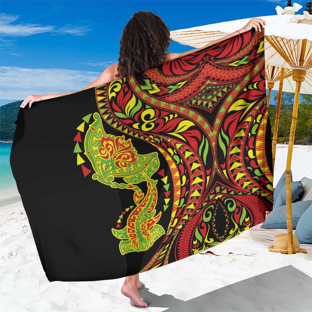 Hawaiian Manta Ray and Hammerhead Shark Tribal Tattoo Sarong with Polynesian Tribal Pattern Kanaka Maoli Flag Color LT03 One Size 44 x 66 inches Multicolor - Polynesian Pride