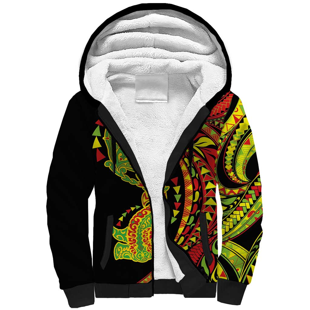 Hawaiian Manta Ray and Hammerhead Shark Tribal Tattoo Sherpa Hoodie with Polynesian Tribal Pattern Kanaka Maoli Flag Color LT03 Unisex Multicolor - Polynesian Pride