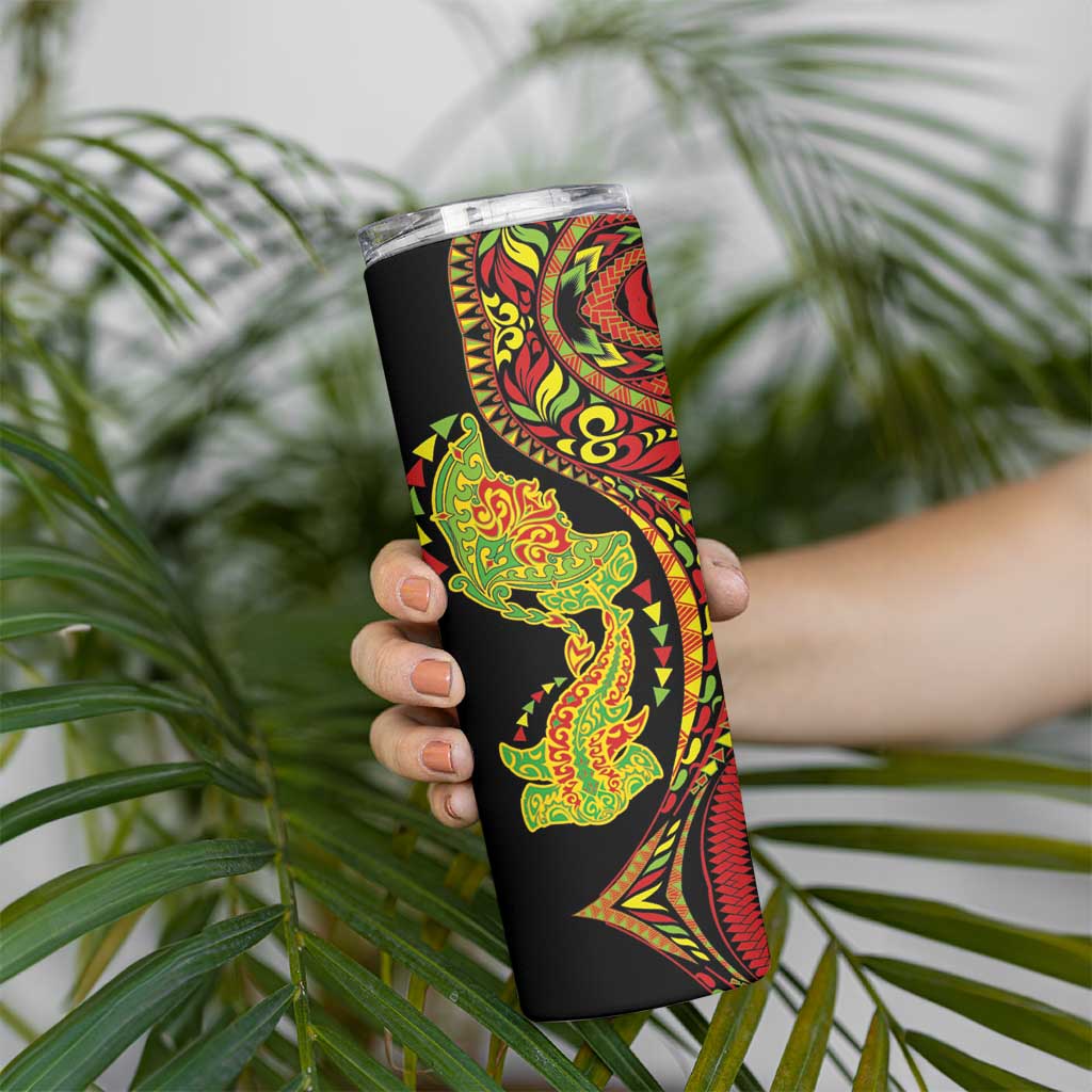 Hawaiian Manta Ray and Hammerhead Shark Tribal Tattoo Skinny Tumbler with Polynesian Tribal Pattern Kanaka Maoli Flag Color