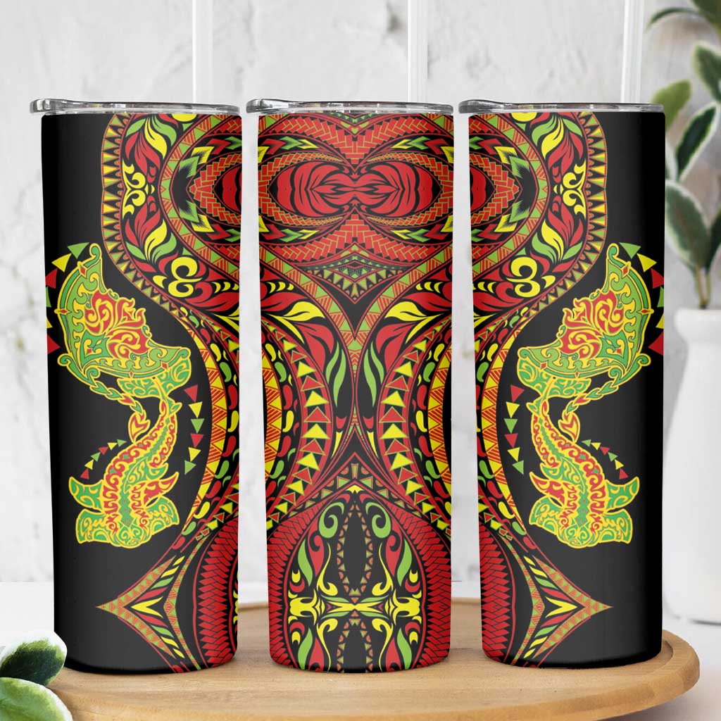 Hawaiian Manta Ray and Hammerhead Shark Tribal Tattoo Skinny Tumbler with Polynesian Tribal Pattern Kanaka Maoli Flag Color