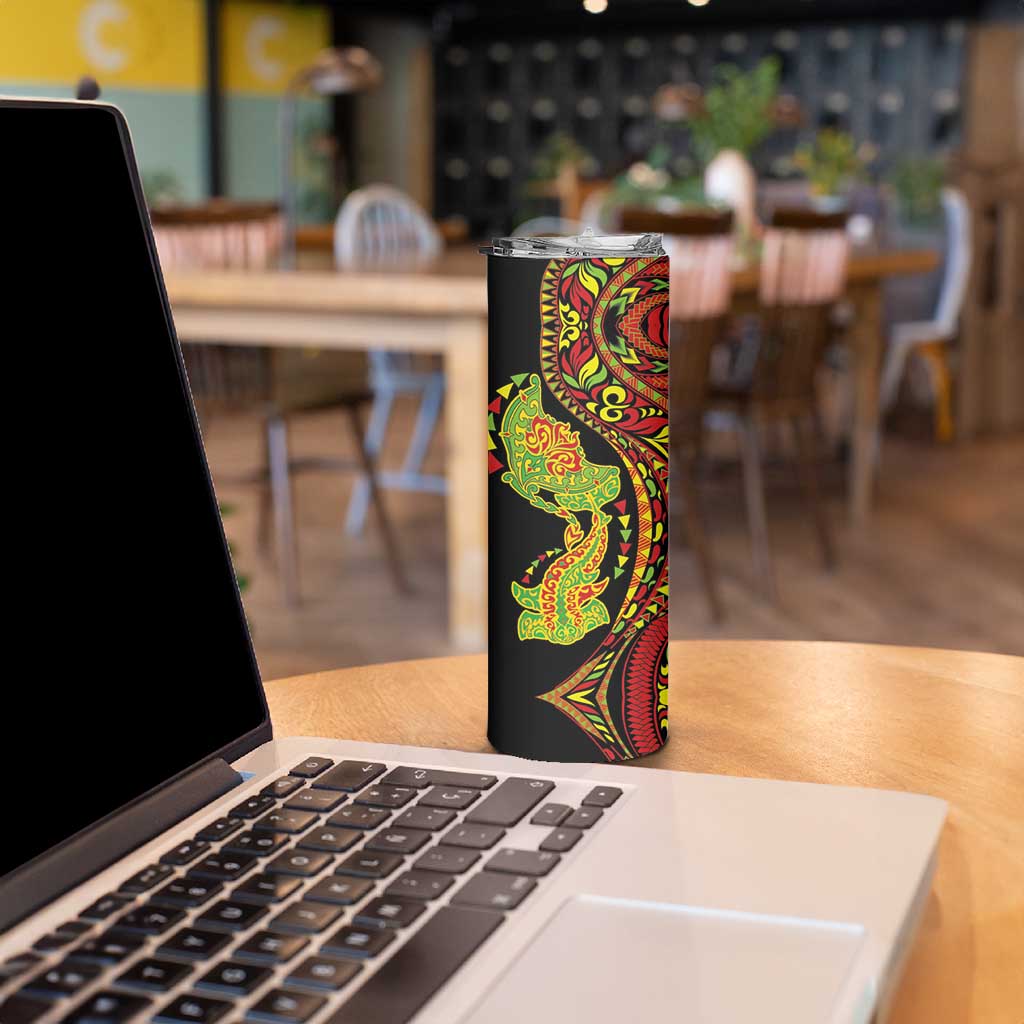 Hawaiian Manta Ray and Hammerhead Shark Tribal Tattoo Skinny Tumbler with Polynesian Tribal Pattern Kanaka Maoli Flag Color
