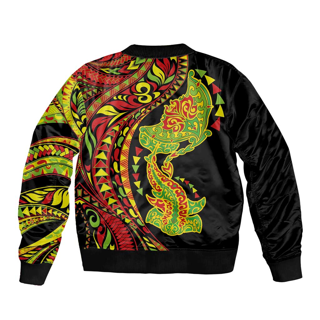 Hawaiian Manta Ray and Hammerhead Shark Tribal Tattoo Sleeve Zip Bomber Jacket with Polynesian Tribal Pattern Kanaka Maoli Flag Color