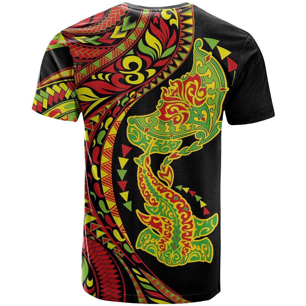 Hawaiian Manta Ray and Hammerhead Shark Tribal Tattoo T Shirt with Polynesian Tribal Pattern Kanaka Maoli Flag Color
