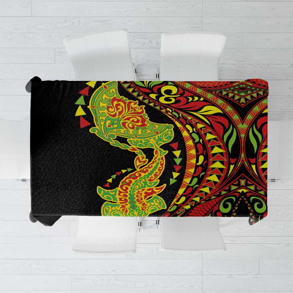 Hawaiian Manta Ray and Hammerhead Shark Tribal Tattoo Tablecloth with Polynesian Tribal Pattern Kanaka Maoli Flag Color