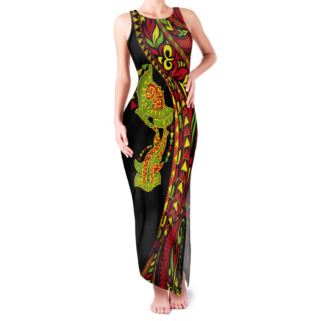 Hawaiian Manta Ray and Hammerhead Shark Tribal Tattoo Tank Maxi Dress with Polynesian Tribal Pattern Kanaka Maoli Flag Color LT03 Women Multicolor - Polynesian Pride