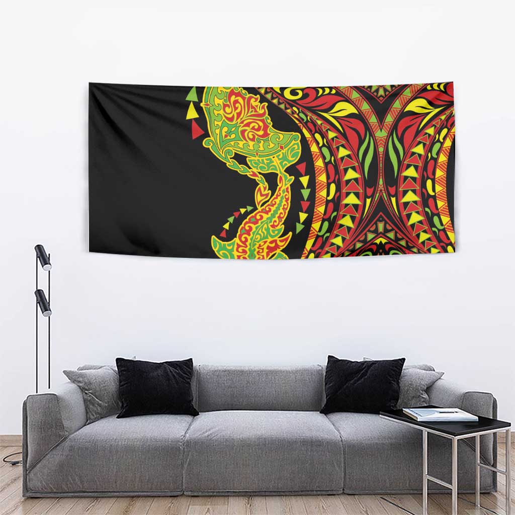 Hawaiian Manta Ray and Hammerhead Shark Tribal Tattoo Tapestry with Polynesian Tribal Pattern Kanaka Maoli Flag Color