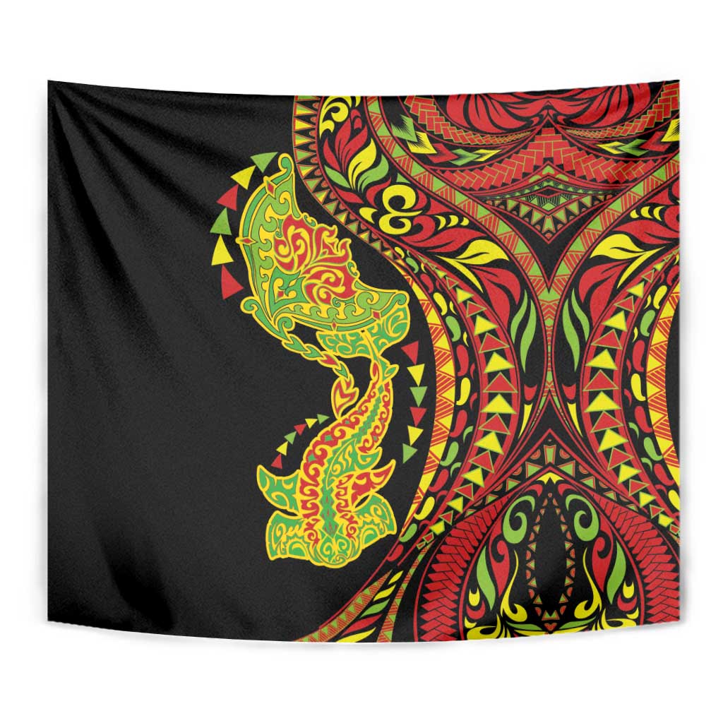 Hawaiian Manta Ray and Hammerhead Shark Tribal Tattoo Tapestry with Polynesian Tribal Pattern Kanaka Maoli Flag Color