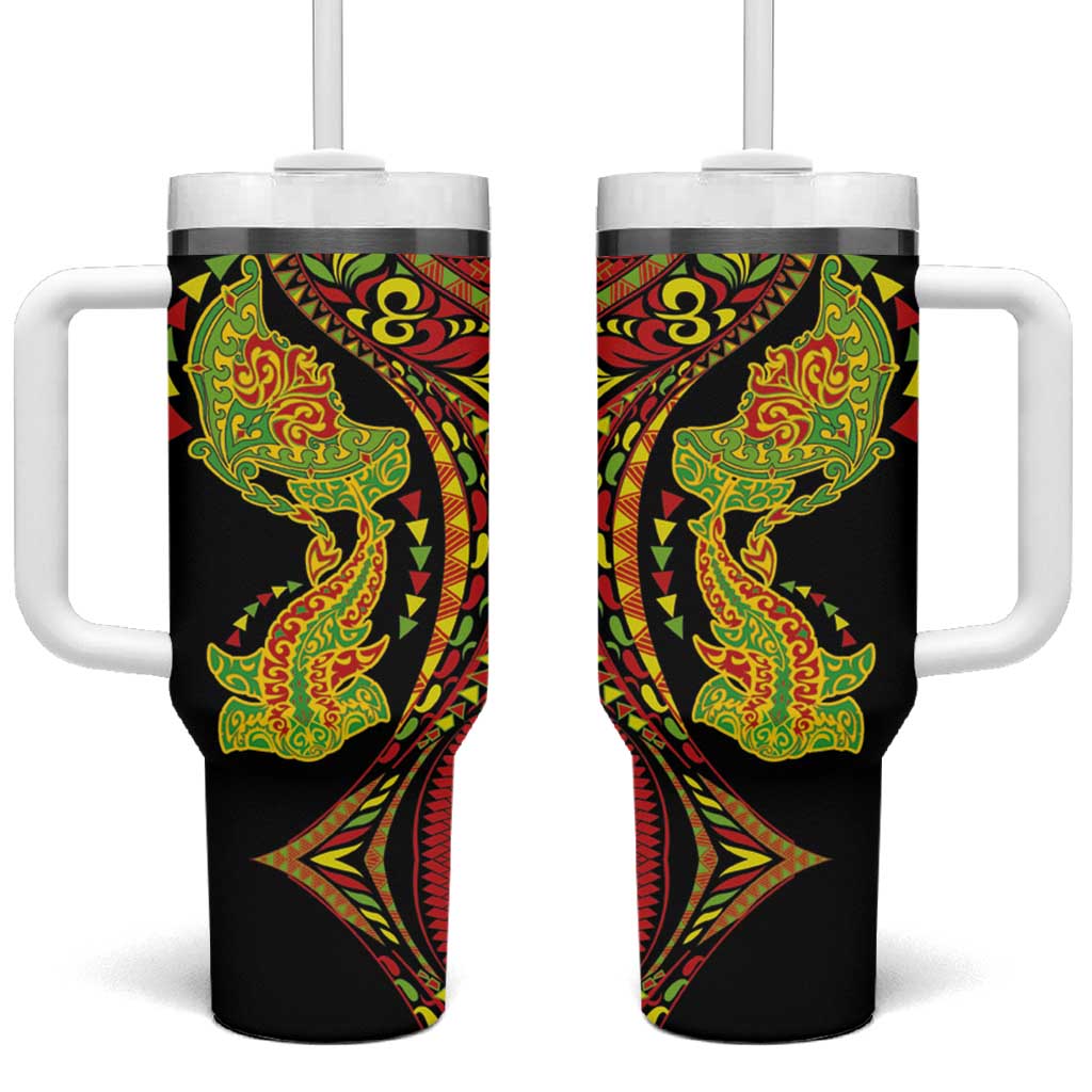 Hawaiian Manta Ray and Hammerhead Shark Tribal Tattoo Tumbler With Handle with Polynesian Tribal Pattern Kanaka Maoli Flag Color LT03 One Size: 40 oz Multicolor - Polynesian Pride