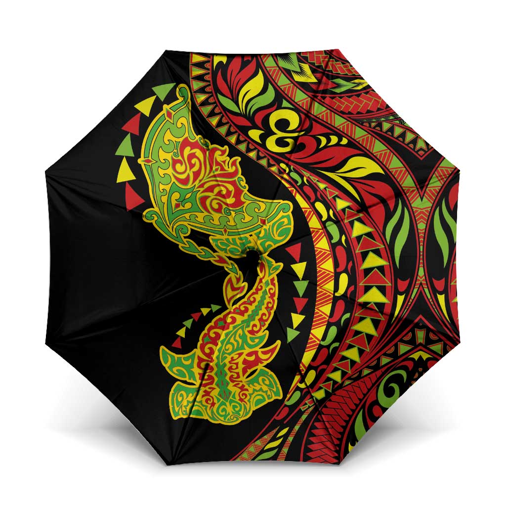 Hawaiian Manta Ray and Hammerhead Shark Tribal Tattoo Umbrella with Polynesian Tribal Pattern Kanaka Maoli Flag Color
