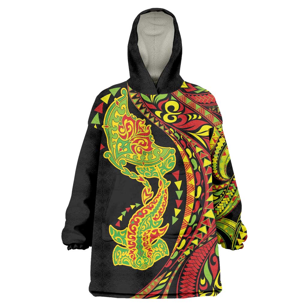 Hawaiian Manta Ray and Hammerhead Shark Tribal Tattoo Wearable Blanket Hoodie with Polynesian Tribal Pattern Kanaka Maoli Flag Color