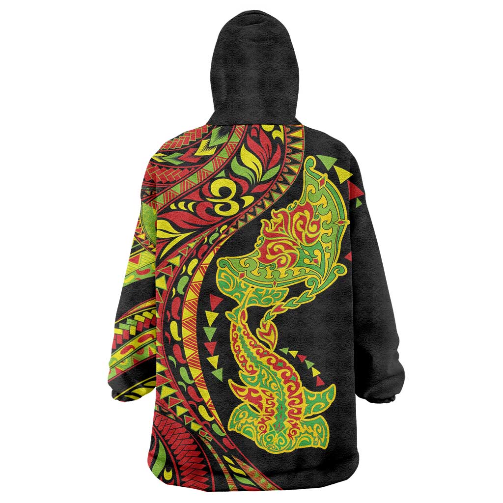 Hawaiian Manta Ray and Hammerhead Shark Tribal Tattoo Wearable Blanket Hoodie with Polynesian Tribal Pattern Kanaka Maoli Flag Color