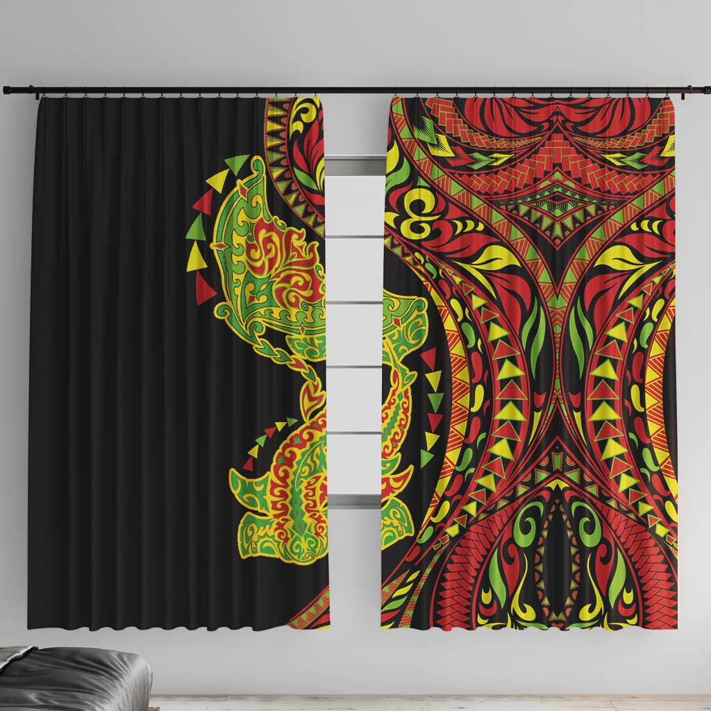 Hawaiian Manta Ray and Hammerhead Shark Tribal Tattoo Window Curtain with Polynesian Tribal Pattern Kanaka Maoli Flag Color LT03 With Hooks Multicolor - Polynesian Pride