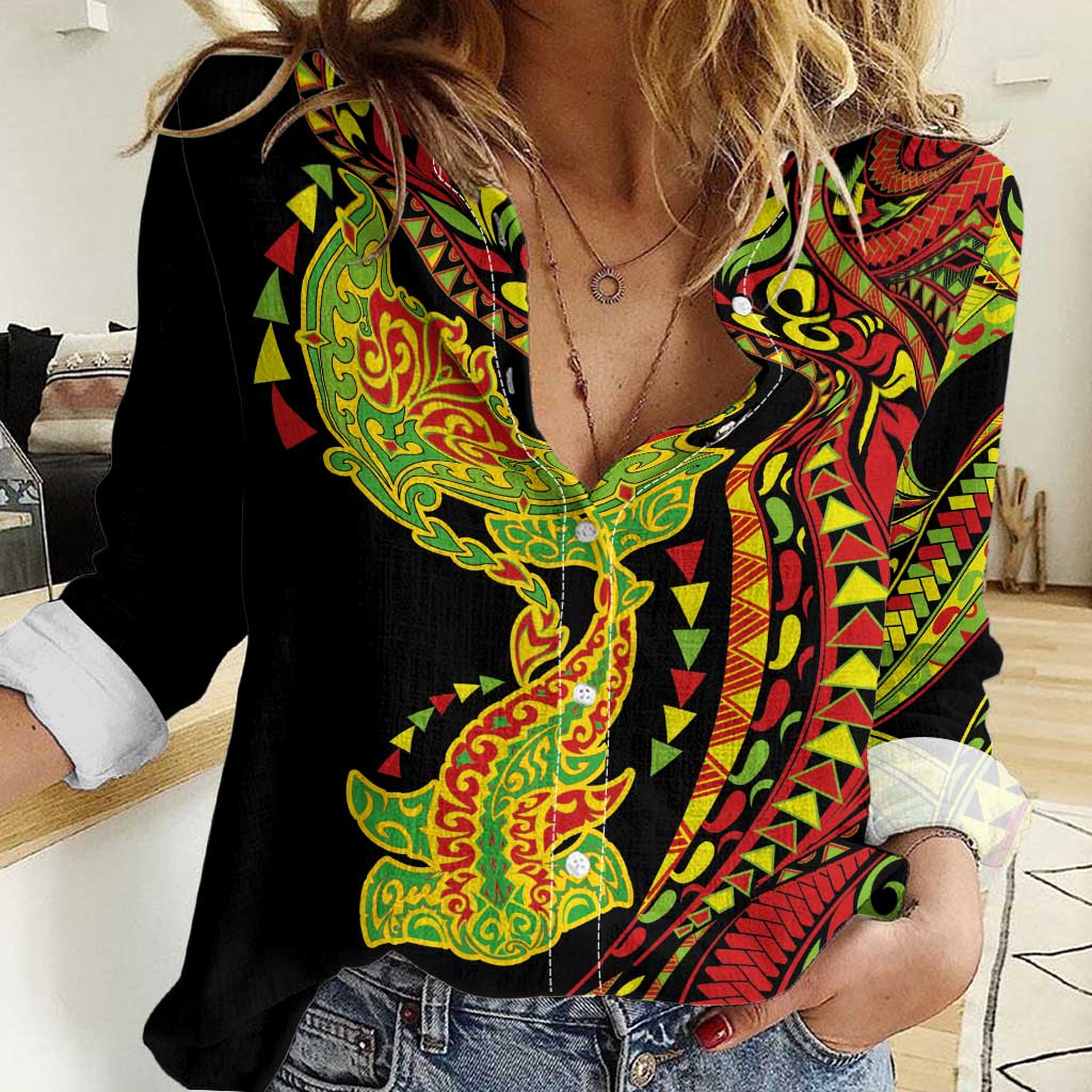 Hawaiian Manta Ray and Hammerhead Shark Tribal Tattoo Women Casual Shirt with Polynesian Tribal Pattern Kanaka Maoli Flag Color