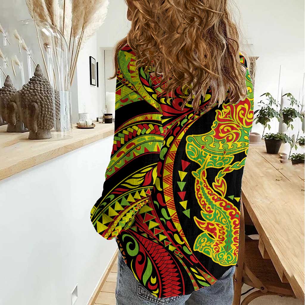 Hawaiian Manta Ray and Hammerhead Shark Tribal Tattoo Women Casual Shirt with Polynesian Tribal Pattern Kanaka Maoli Flag Color