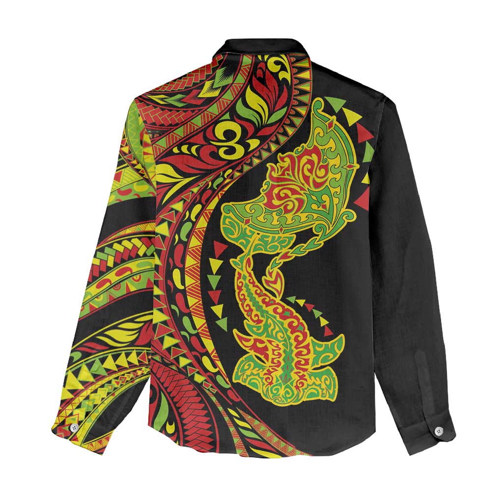 Hawaiian Manta Ray and Hammerhead Shark Tribal Tattoo Women Casual Shirt with Polynesian Tribal Pattern Kanaka Maoli Flag Color
