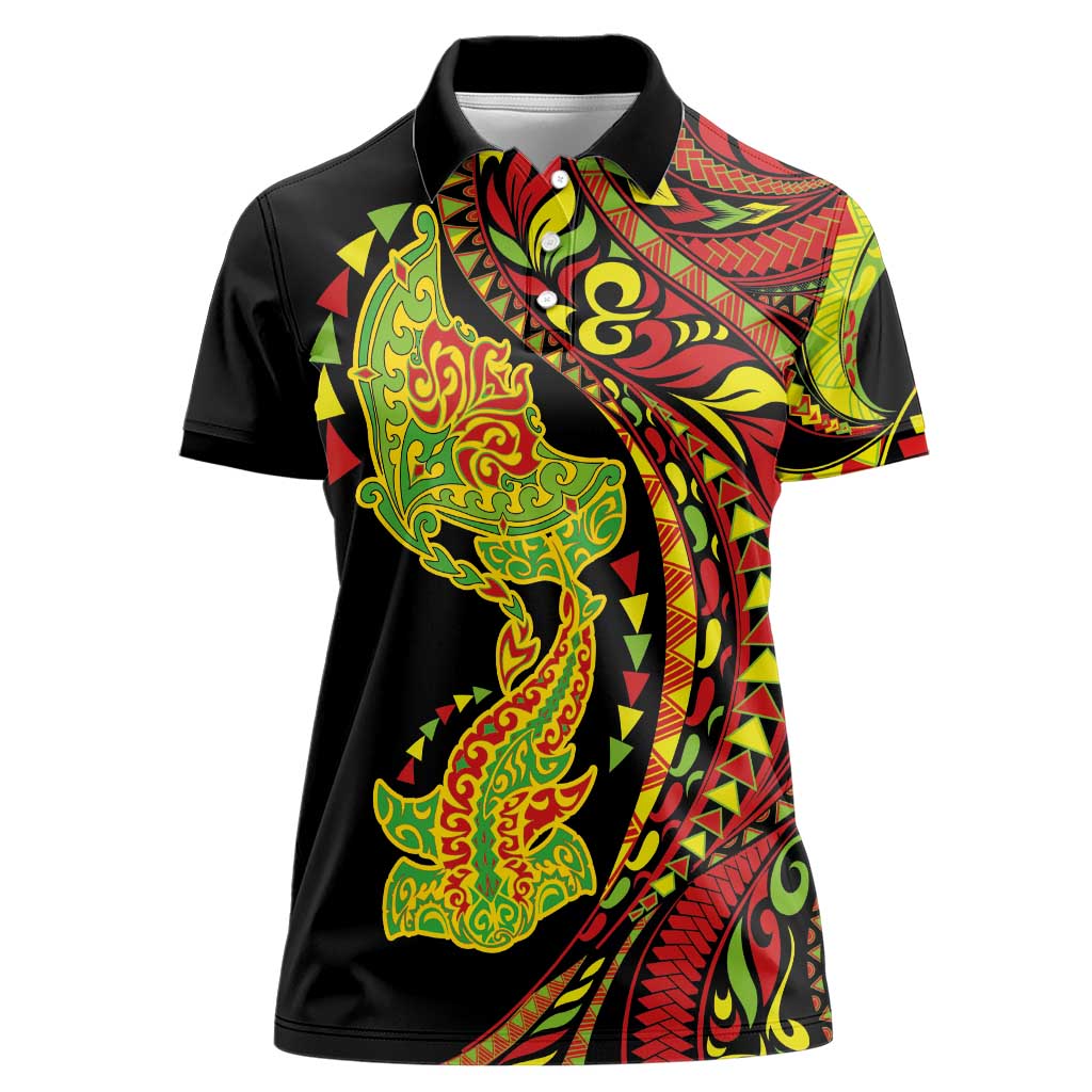 Hawaiian Manta Ray and Hammerhead Shark Tribal Tattoo Women Polo Shirt with Polynesian Tribal Pattern Kanaka Maoli Flag Color