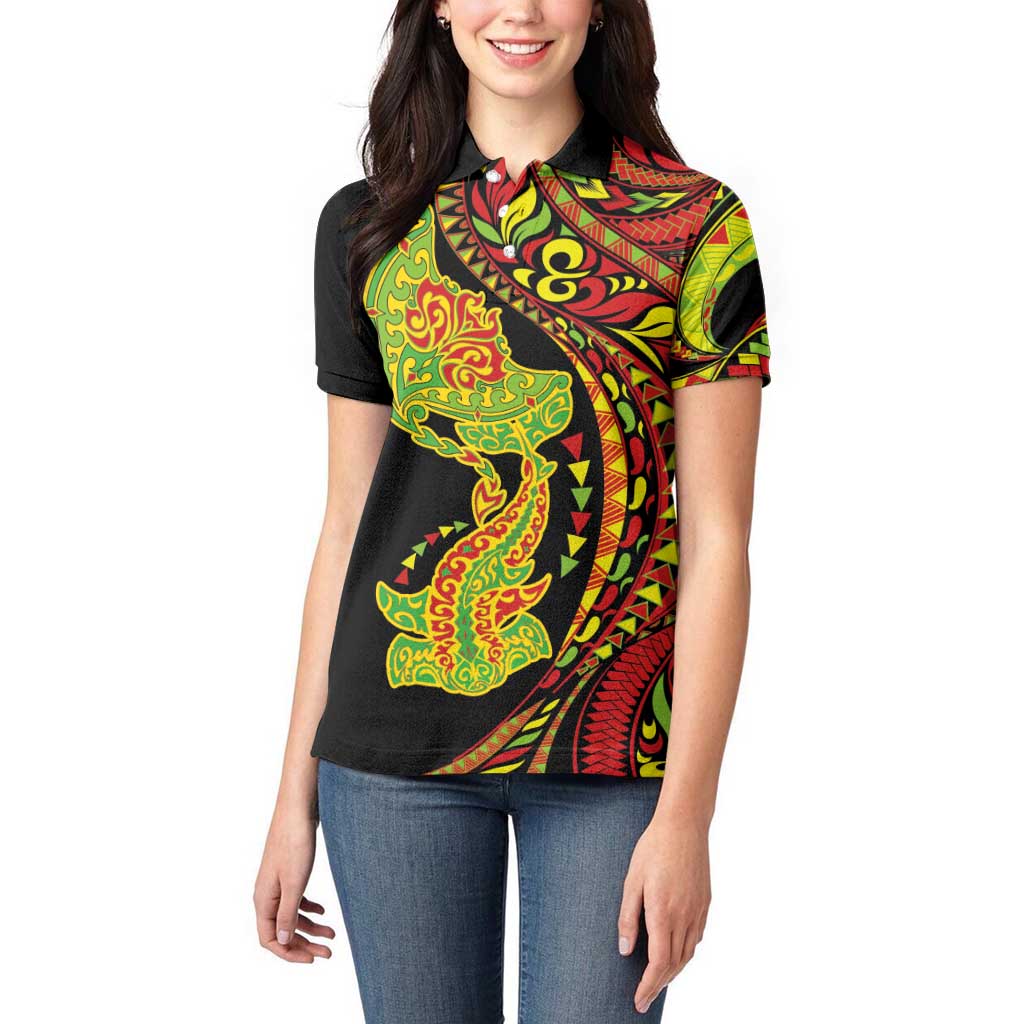 Hawaiian Manta Ray and Hammerhead Shark Tribal Tattoo Women Polo Shirt with Polynesian Tribal Pattern Kanaka Maoli Flag Color