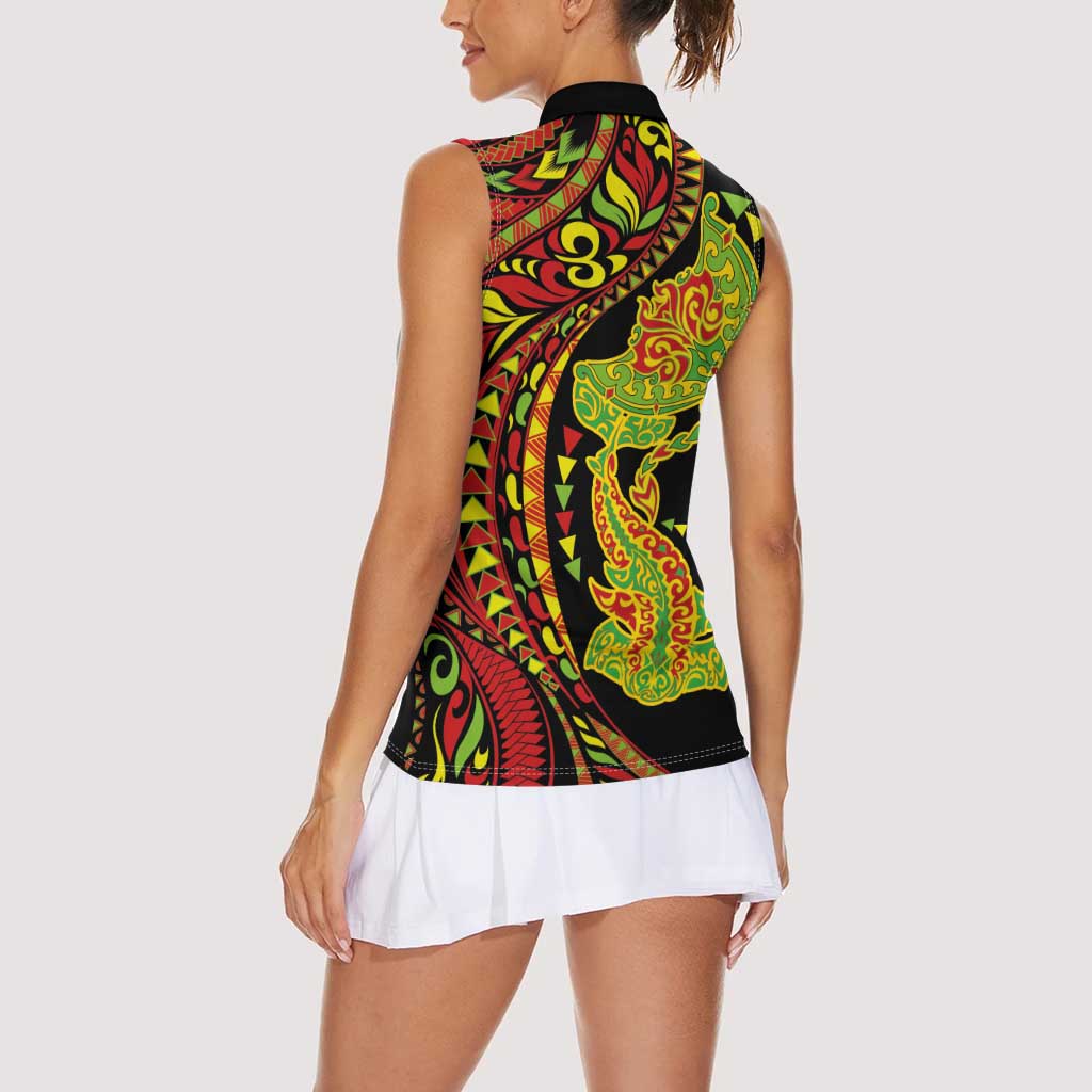 Hawaiian Manta Ray and Hammerhead Shark Tribal Tattoo Women Sleeveless Polo Shirt with Polynesian Tribal Pattern Kanaka Maoli Flag Color