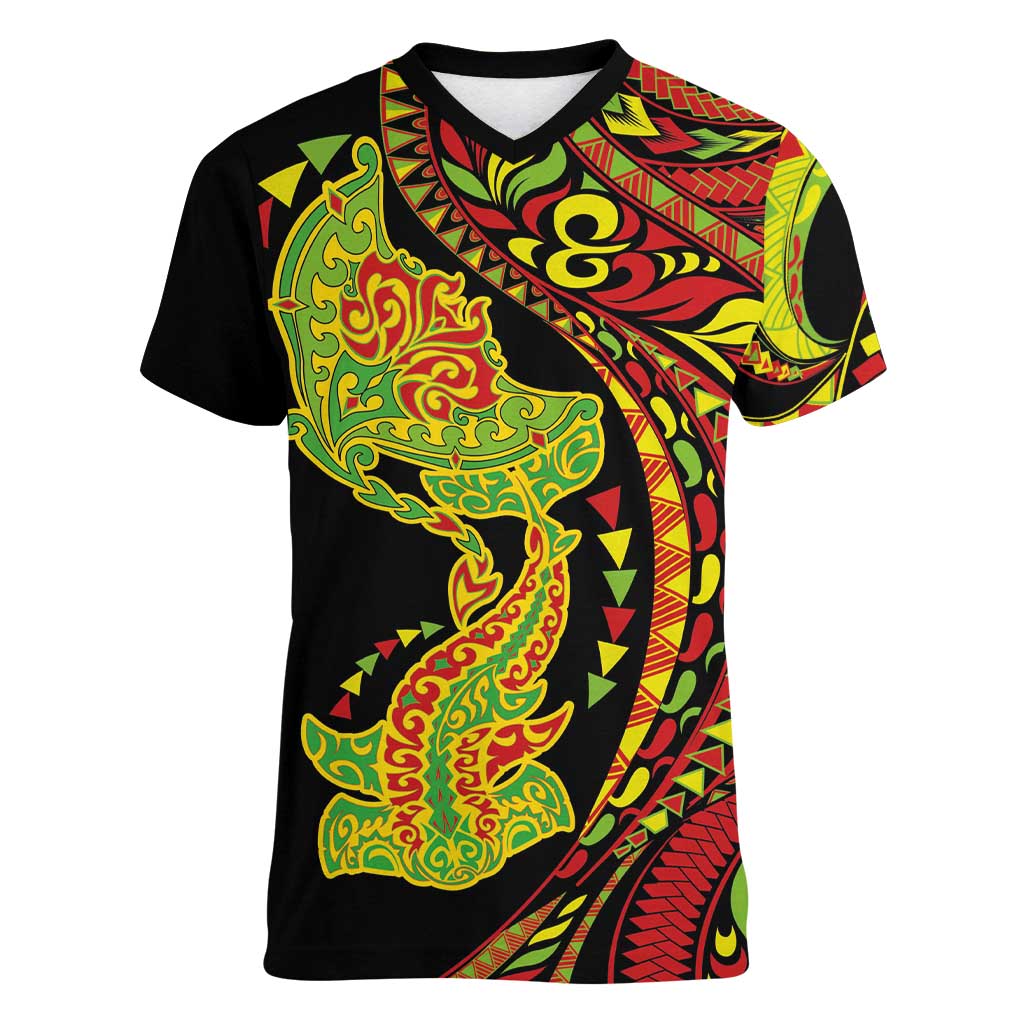 Hawaiian Manta Ray and Hammerhead Shark Tribal Tattoo Women V-Neck T-Shirt with Polynesian Tribal Pattern Kanaka Maoli Flag Color LT03 Female Multicolor - Polynesian Pride