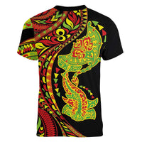 Hawaiian Manta Ray and Hammerhead Shark Tribal Tattoo Women V-Neck T-Shirt with Polynesian Tribal Pattern Kanaka Maoli Flag Color