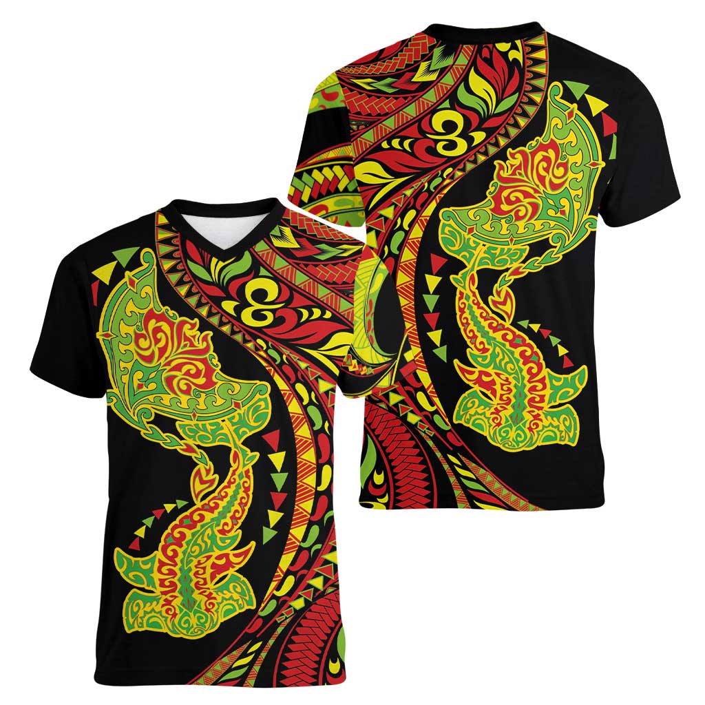Hawaiian Manta Ray and Hammerhead Shark Tribal Tattoo Women V-Neck T-Shirt with Polynesian Tribal Pattern Kanaka Maoli Flag Color
