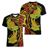 Hawaiian Manta Ray and Hammerhead Shark Tribal Tattoo Women V-Neck T-Shirt with Polynesian Tribal Pattern Kanaka Maoli Flag Color