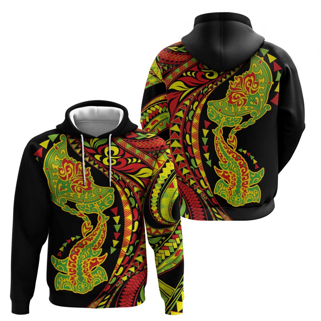 Hawaiian Manta Ray and Hammerhead Shark Tribal Tattoo Zip Hoodie with Polynesian Tribal Pattern Kanaka Maoli Flag Color