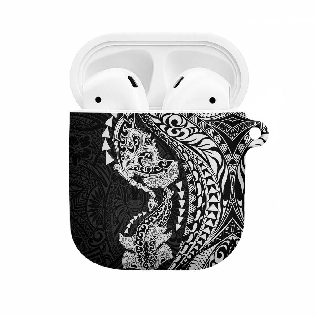 Hawaiian Manta Ray and Hammerhead Shark Tribal Tattoo AirPods Case with Polynesian Tribal Pattern Black-White Color