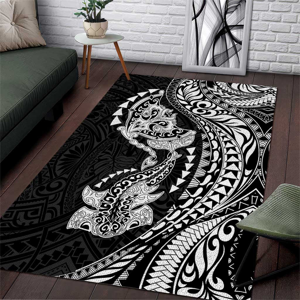 Hawaiian Manta Ray and Hammerhead Shark Tribal Tattoo Area Rug with Polynesian Tribal Pattern Black-White Color