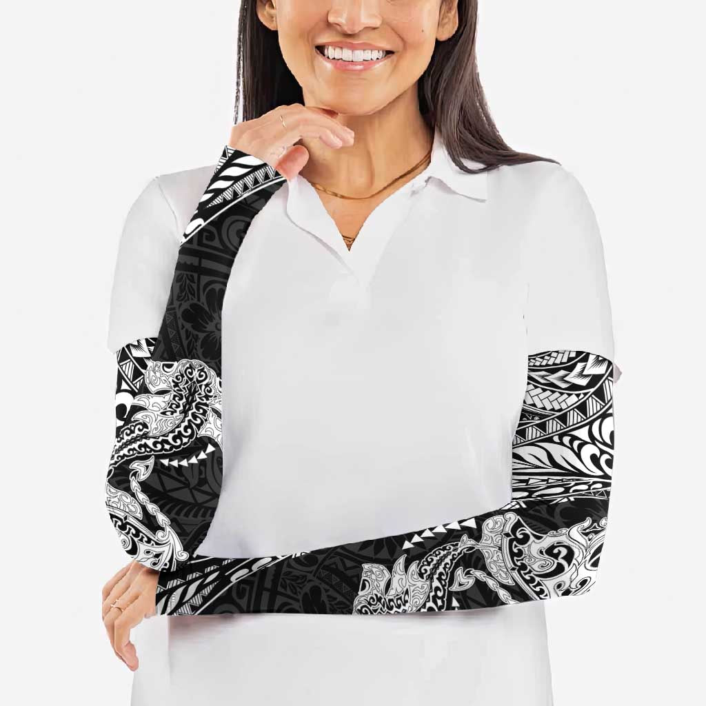 Hawaiian Manta Ray and Hammerhead Shark Tribal Tattoo Arm Sleeves with Polynesian Tribal Pattern Black-White Color