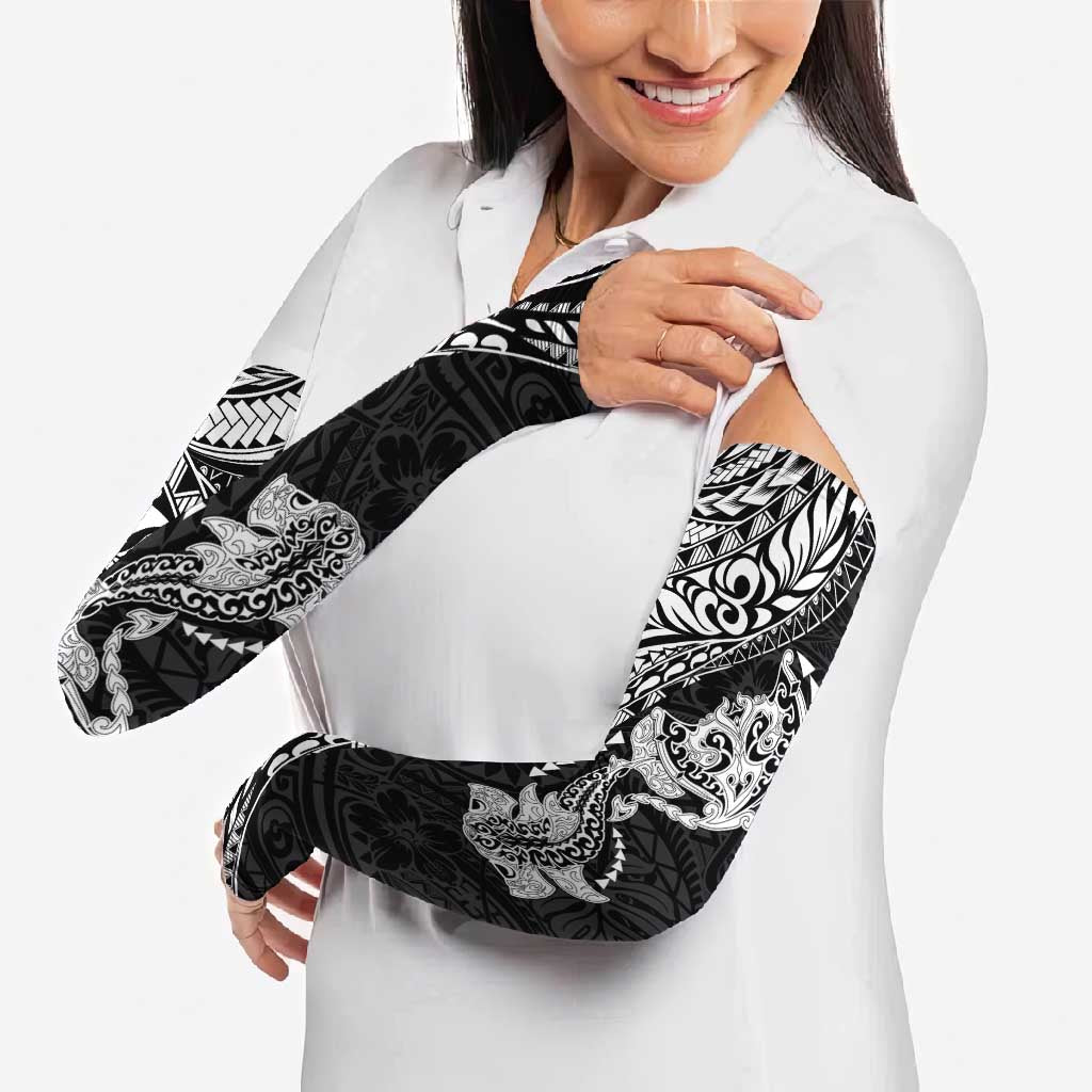 Hawaiian Manta Ray and Hammerhead Shark Tribal Tattoo Arm Sleeves with Polynesian Tribal Pattern Black-White Color
