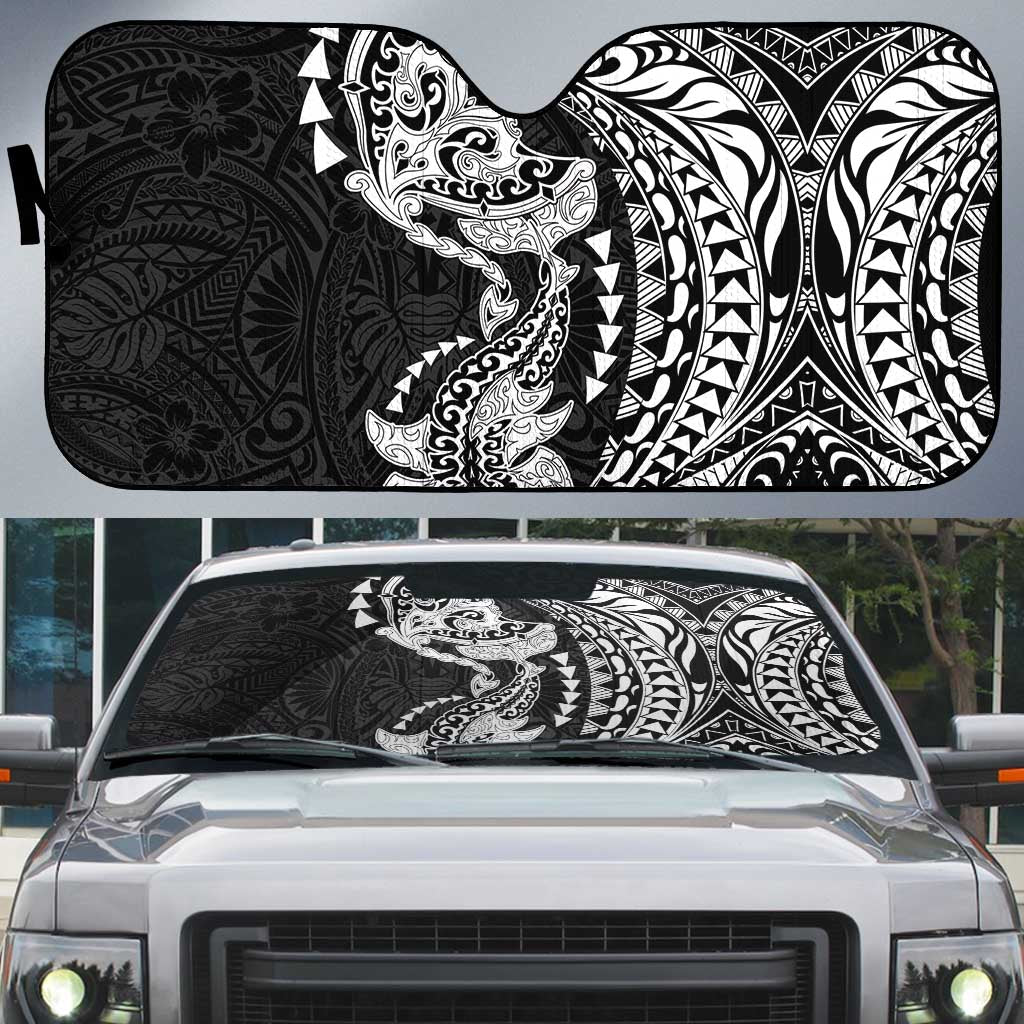 Hawaiian Manta Ray and Hammerhead Shark Tribal Tattoo Auto Sun Shade with Polynesian Tribal Pattern Black-White Color LT03 Multicolor - Polynesian Pride