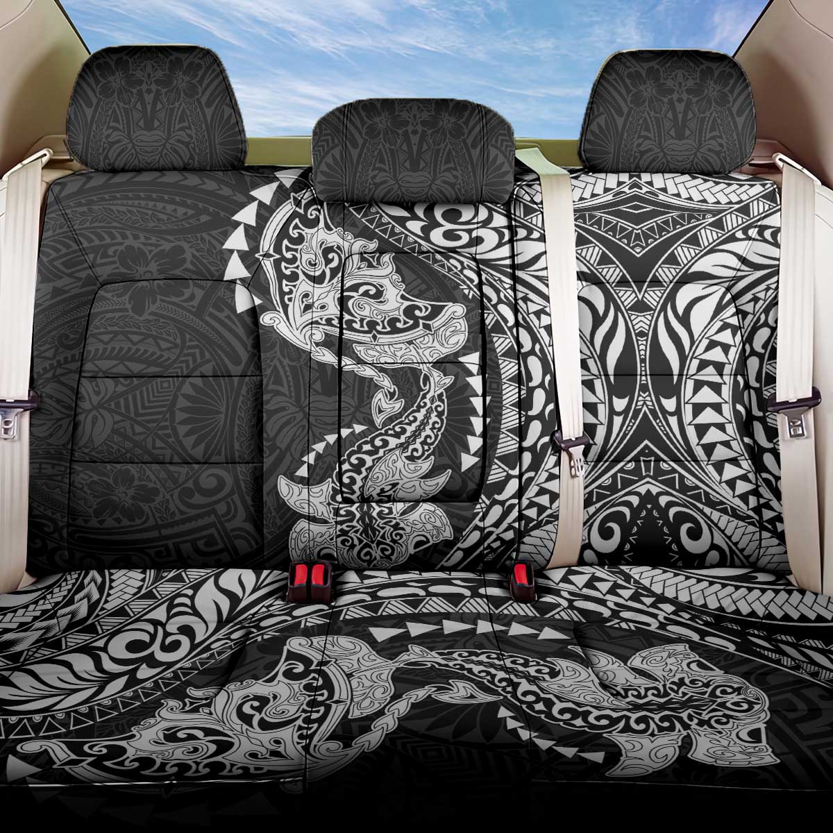 Hawaiian Manta Ray and Hammerhead Shark Tribal Tattoo Back Car Seat Cover with Polynesian Tribal Pattern Black-White Color