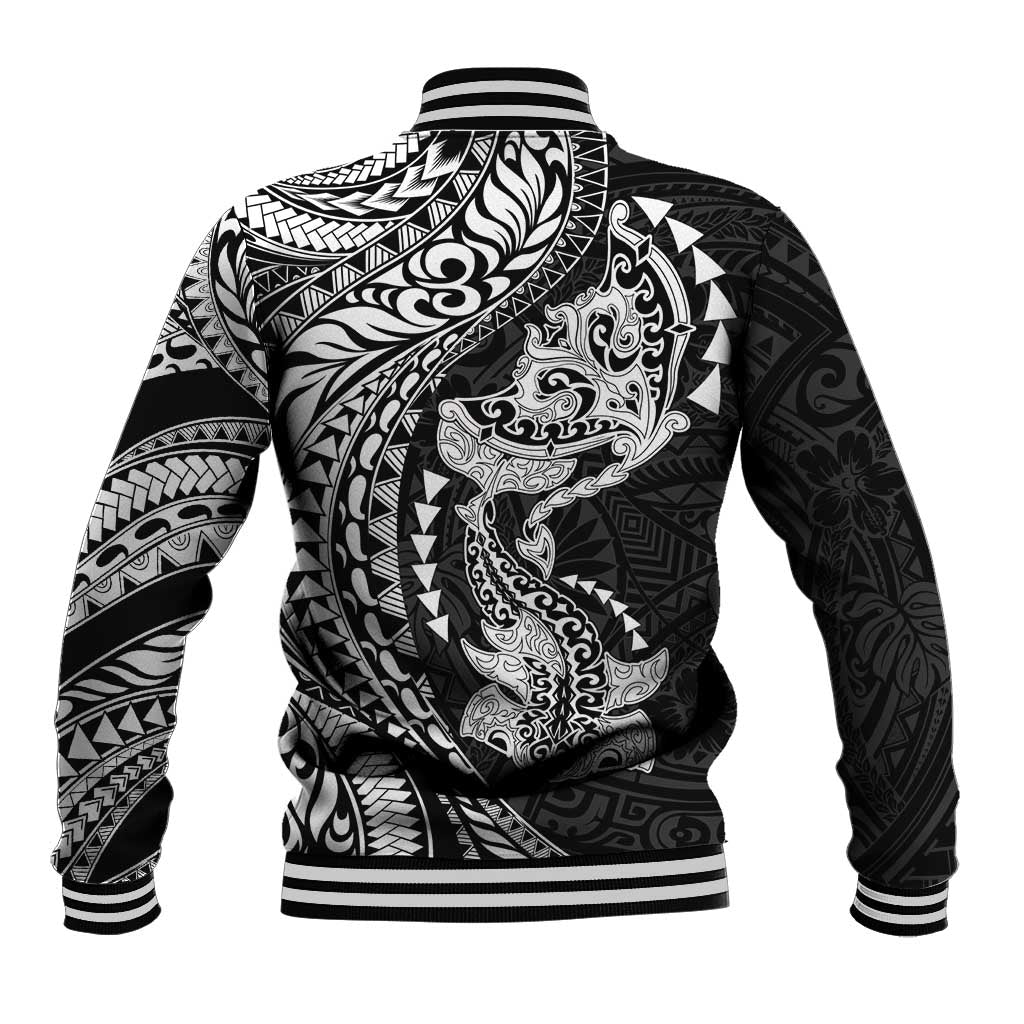 Hawaiian Manta Ray and Hammerhead Shark Tribal Tattoo Baseball Jacket with Polynesian Tribal Pattern Black-White Color LT03 - Polynesian Pride