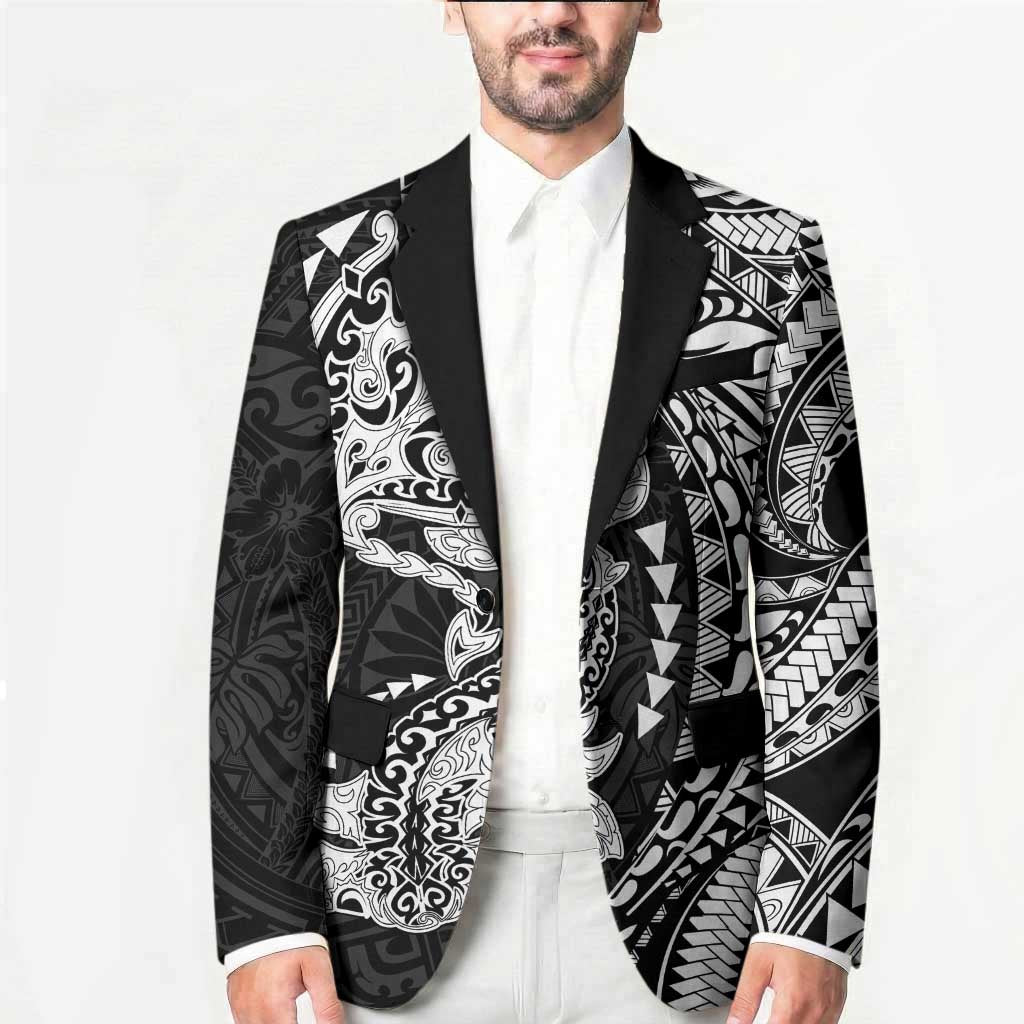 Hawaiian Manta Ray and Hammerhead Shark Tribal Tattoo Blazer with Polynesian Tribal Pattern Black-White Color LT03 - Polynesian Pride