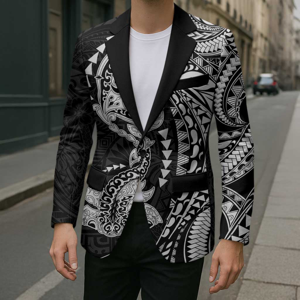 Hawaiian Manta Ray and Hammerhead Shark Tribal Tattoo Blazer with Polynesian Tribal Pattern Black-White Color LT03 - Polynesian Pride