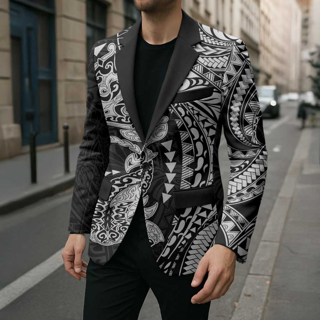 Hawaiian Manta Ray and Hammerhead Shark Tribal Tattoo Blazer with Polynesian Tribal Pattern Black-White Color LT03 - Polynesian Pride