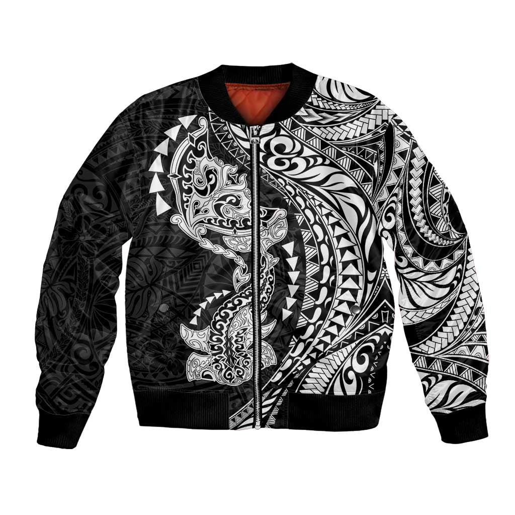 Hawaiian Manta Ray and Hammerhead Shark Tribal Tattoo Bomber Jacket with Polynesian Tribal Pattern Black-White Color